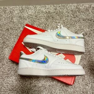 Nike White Sneakers with Iridescent Swoosh